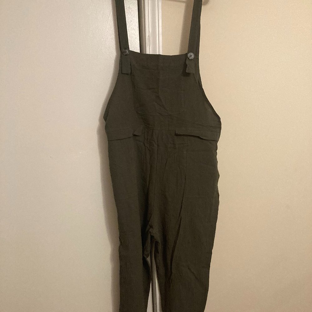 Gihuo Women's XL Baggy Loose Linen Overalls Jumpsuit in Army Green